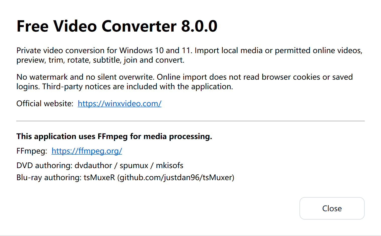 About dialog with website and FFmpeg attribution