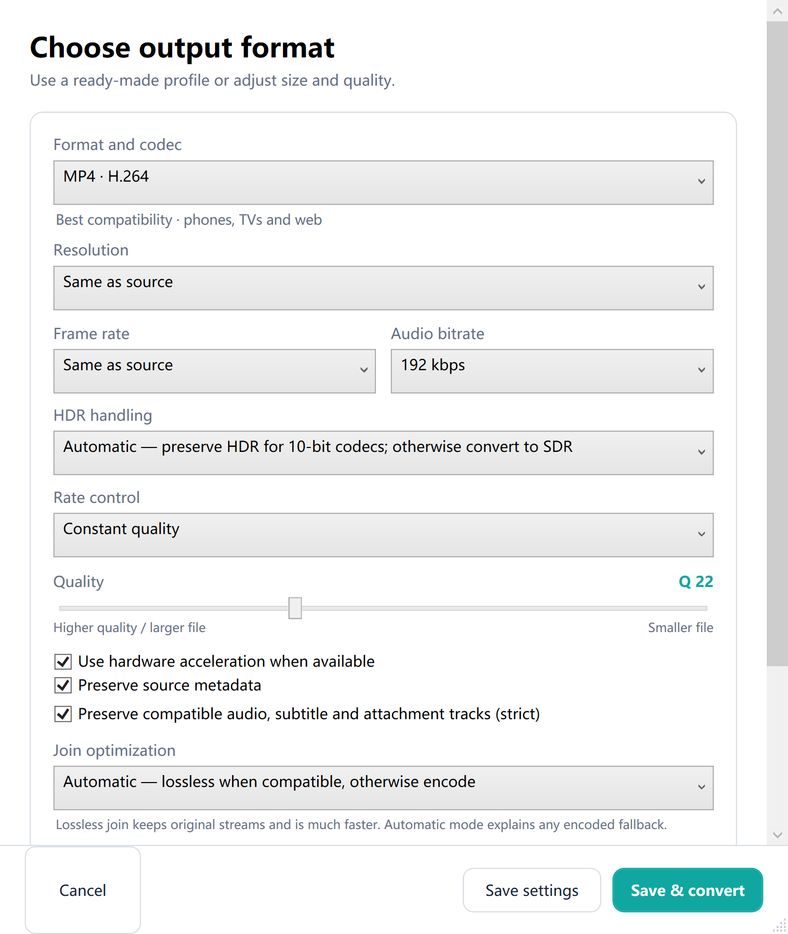 Output settings with format, resolution, HDR, quality and hardware acceleration controls