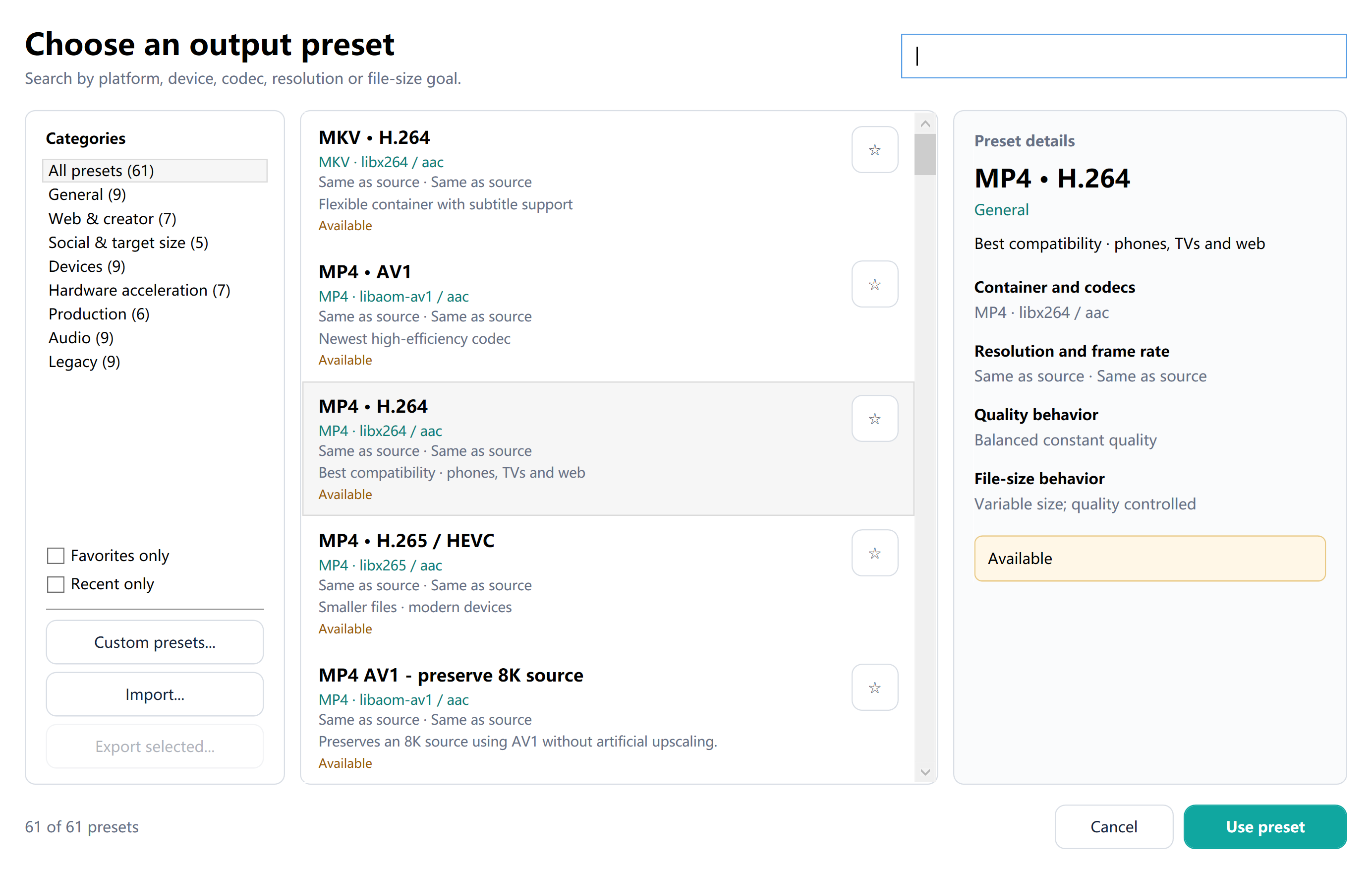 Preset browser showing MP4, MKV and AV1 presets