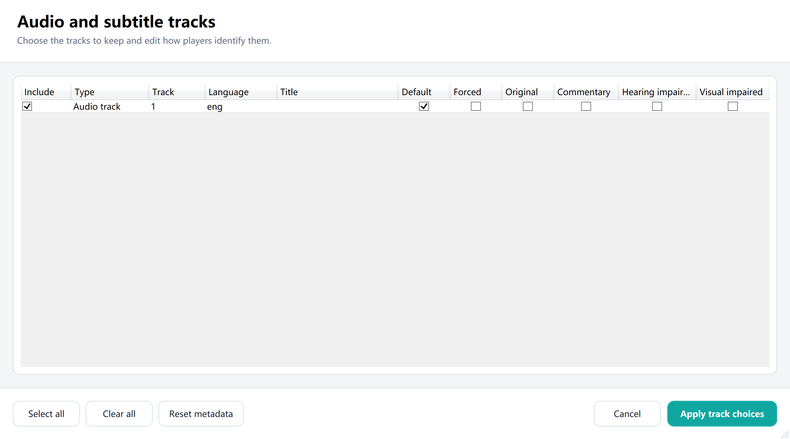 Audio and subtitle track selection table
