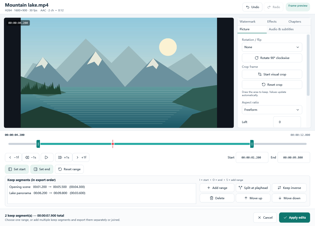 The actual Edit / Trim window includes preview, timeline handles, start/end fields and keep-segment controls.